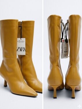 ZARA Mustard Yellow Leather Pointed-Toe Mid-Calf Boots